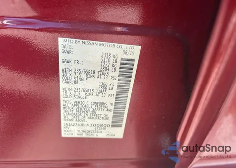 2020 Nissan Murano Sv z USA, uszkodzony, nr VIN 5N1AZ2BJ6LN100800